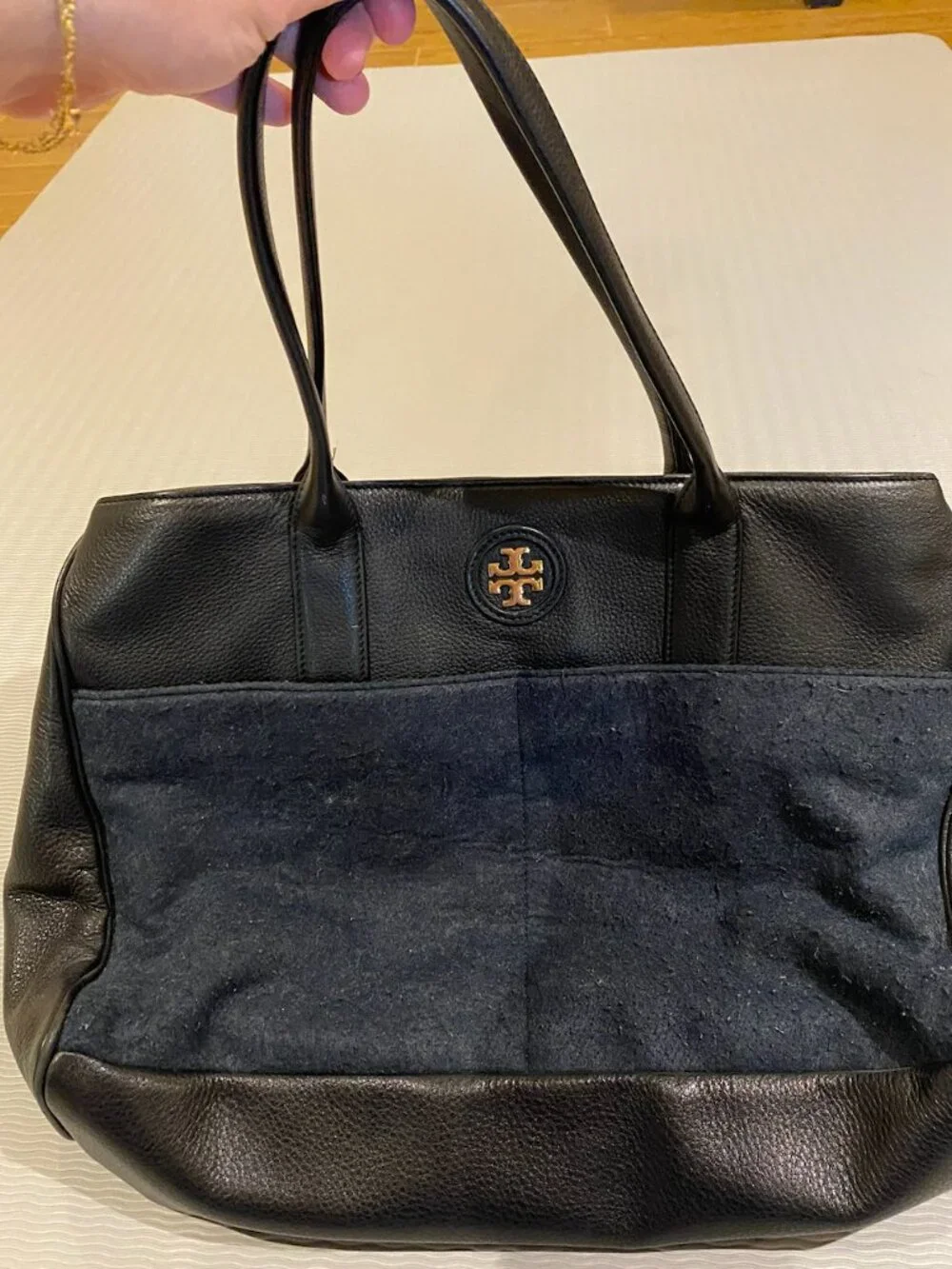 Tory Burch Tote:  Black with Navy Blue Fabric
